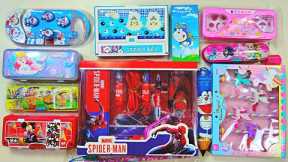 unboxing collection of pencil case, spiderman stationery kit, unicorn, doraemon watch, bts case, BTS