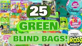 UNBOXING 25 GREEN BLIND BAG TOYS! MINI VERSE! MINI BRANDS! SQUISHMALLOWS! REAL LITTLES! DISNEY!