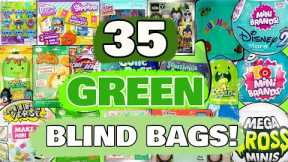 UNBOXING 35 GREEN BLIND BAGS! MINI BRANDS! MINI VERSE! SQUISHMALLOWS! REAL LITTLES!!